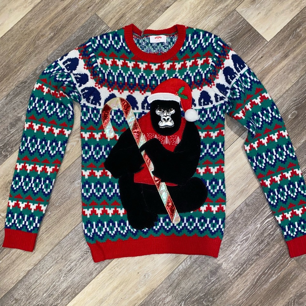 Men’s Gorilla Christmas sweater. Can be used as a cute dress for a lady also!
